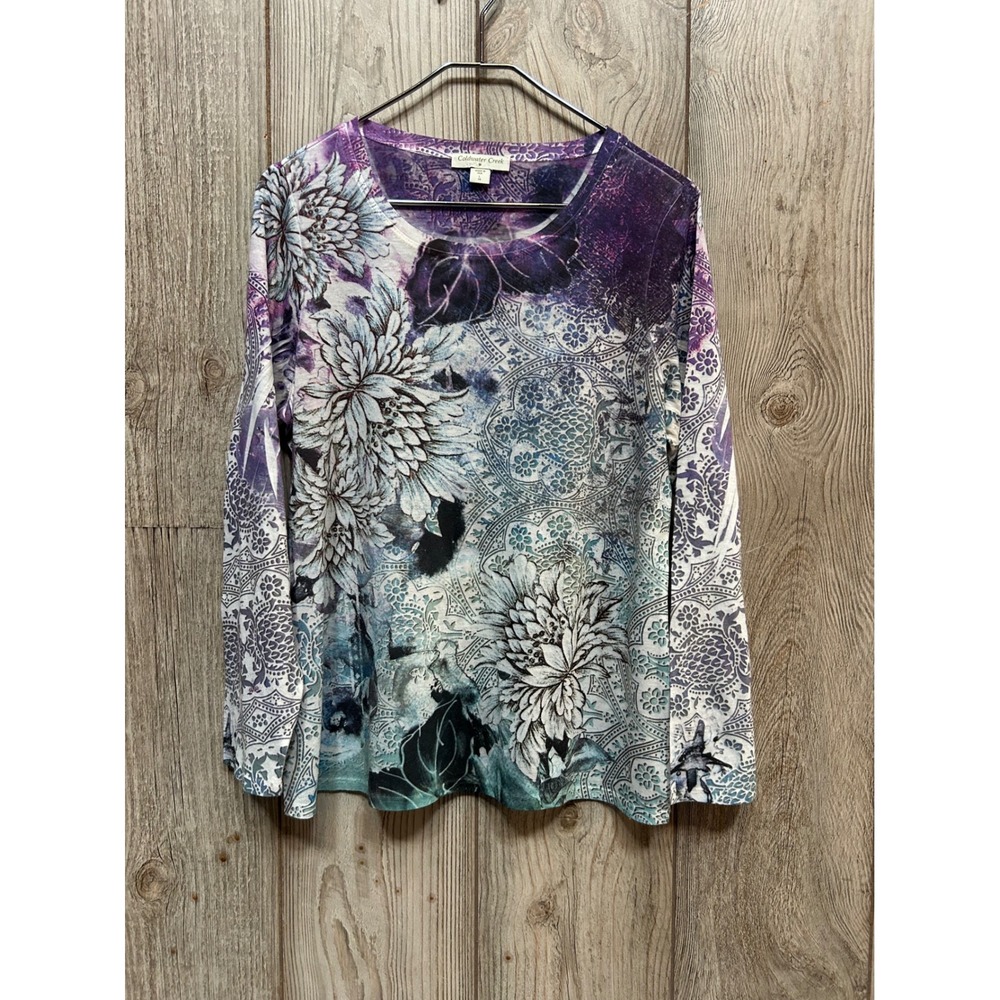Coldwater Creek Womens L 14 Purple Floral Mandala Long Sleeve Top Made in USA - Picture 2 of 7